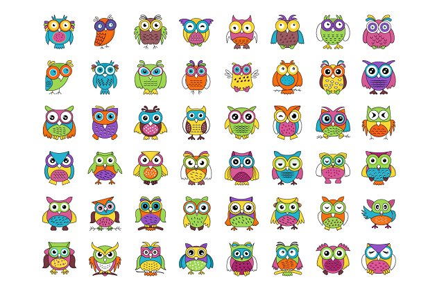 48个猫头鹰宝宝卡通矢量图标素材 48 Baby Owl Cartoon Vector Icons