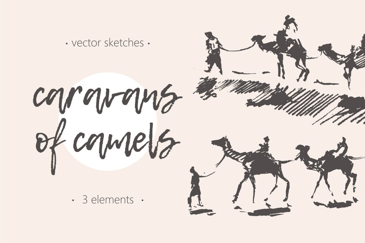 骆驼的商队素描插画 Caravans of camels