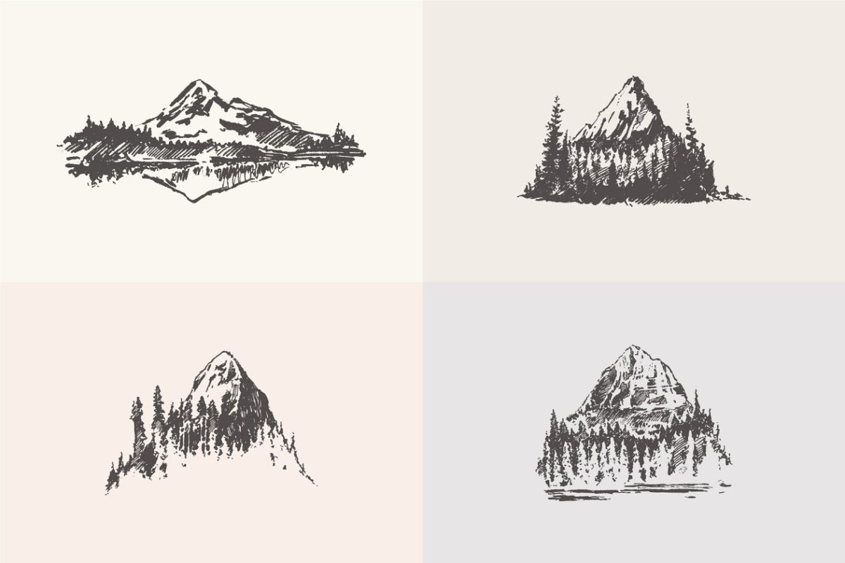 手绘素描插画 Sketches of mountain landscapes