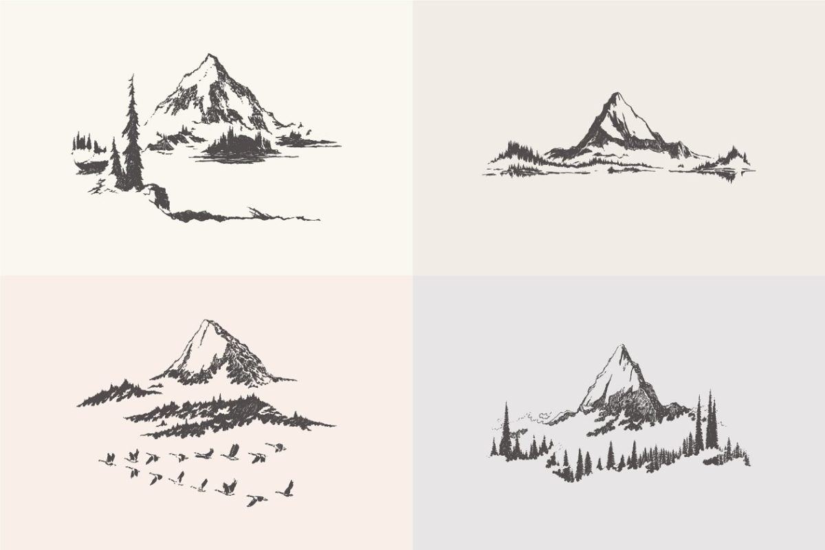 高山素描插画 High detail mountain landscapes