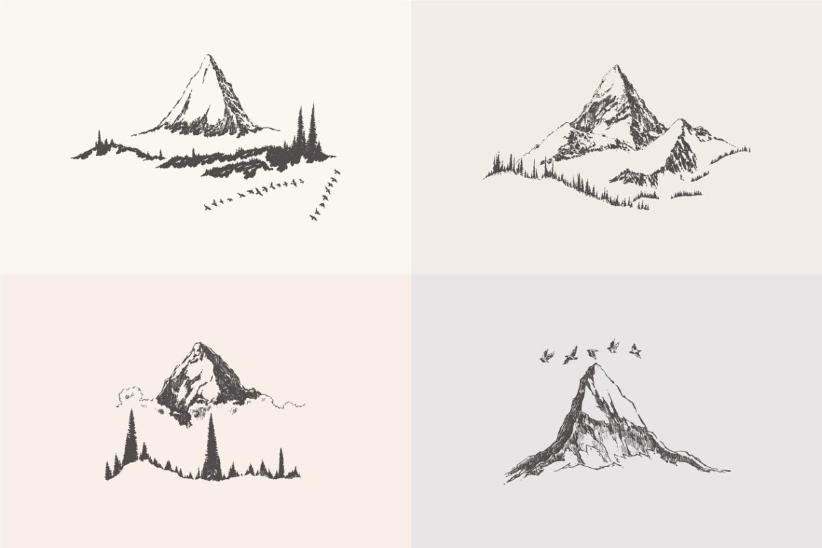 山地景观素描插画 High detail mountain landscapes