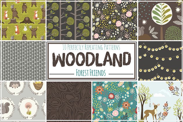 可爱的森林动物重复图案 Cute Woodland Animal Repeat Patterns
