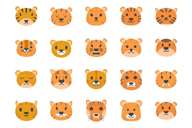 可爱的老虎矢量图标下载 35 Cute Tiger Faces Vector Icons