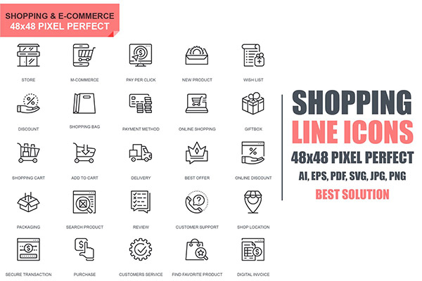 时尚简约的矢量购物和电子商务图标icon集合