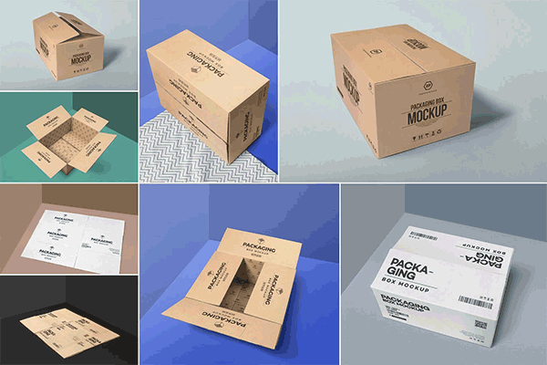 高品质的快递包装盒子VI样机展示模型mockups
