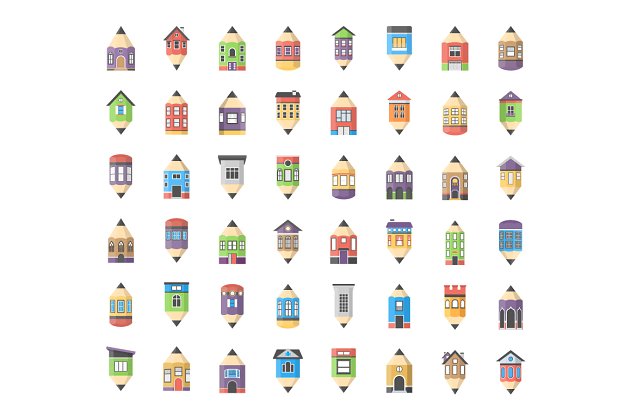 创意房子铅笔图标素材 48 House Drawings Flat Icons