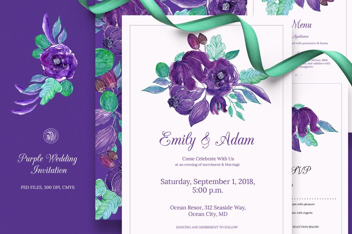 紫色结婚请柬模板集 Purple Wedding Invitation Set