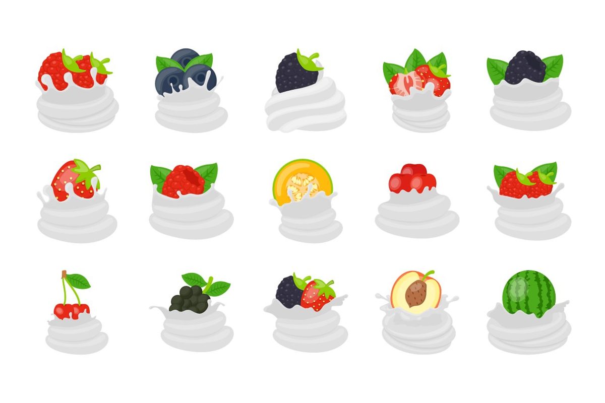 生日蛋糕矢量图标素材 25 Whipped Cream Fruit Flat Icons
