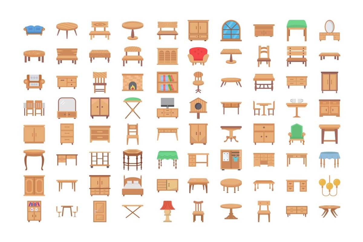 木制家具图标 80 Wooden Furniture Vector Icons