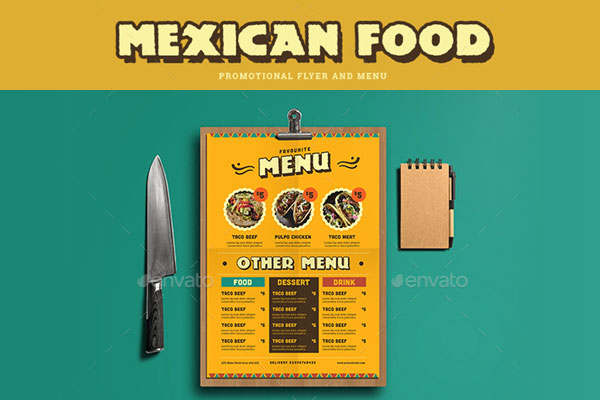 墨西哥食物菜单和促销海报模板下载 Mexican Food Menu+ Promotional Flyer [ai,psd]