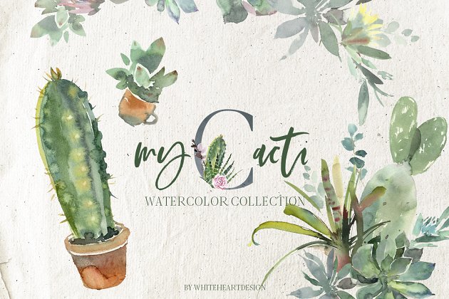 仙人掌水彩剪贴画 Cacti Watercolor Cactuses Clipart