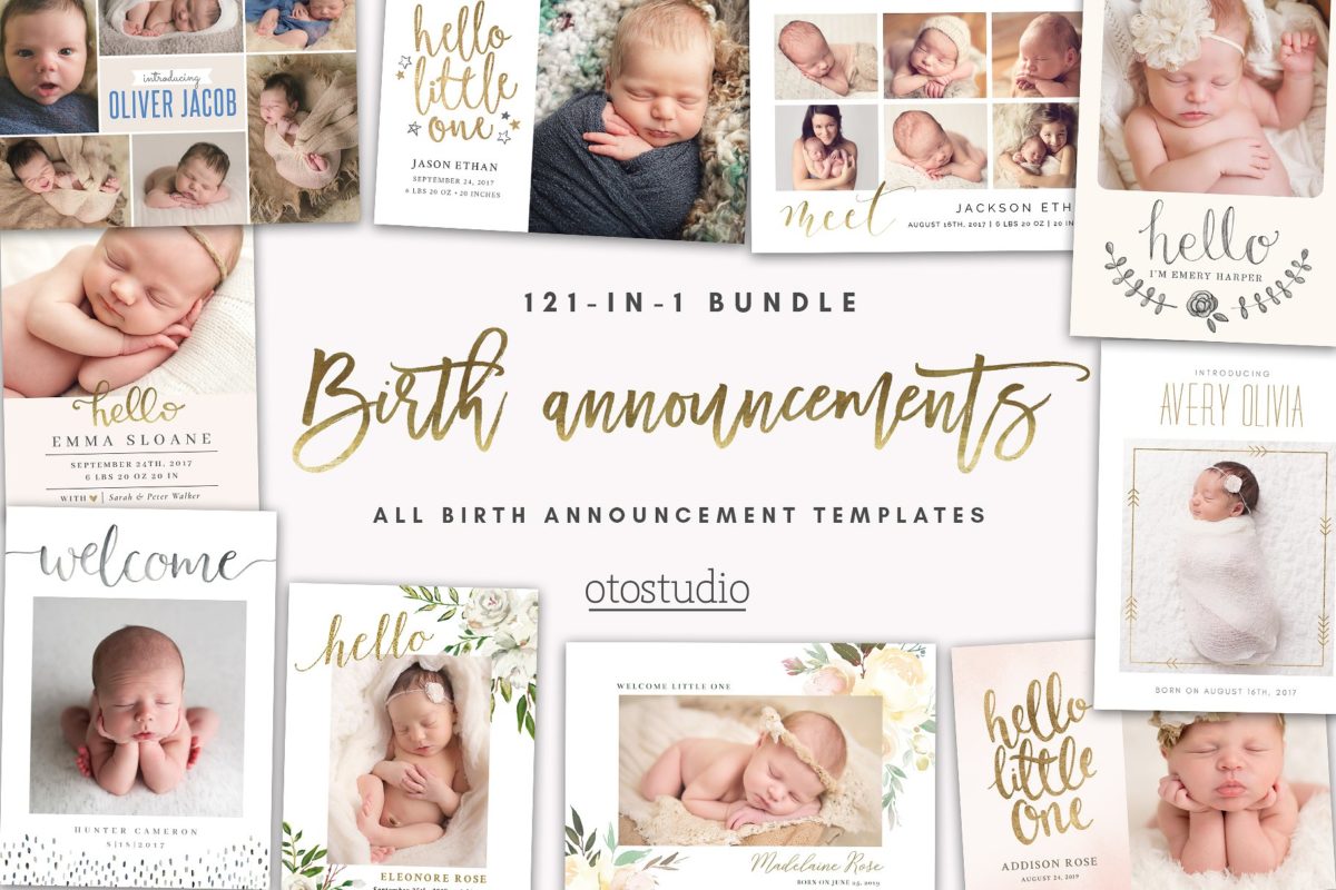 婴儿艺术照模板 BUNDLE 121-in-1 Birth Announcements