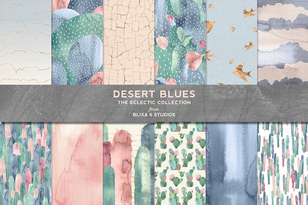 沙漠蓝色仙人掌水彩画 Desert Blues Cactus Watercolors