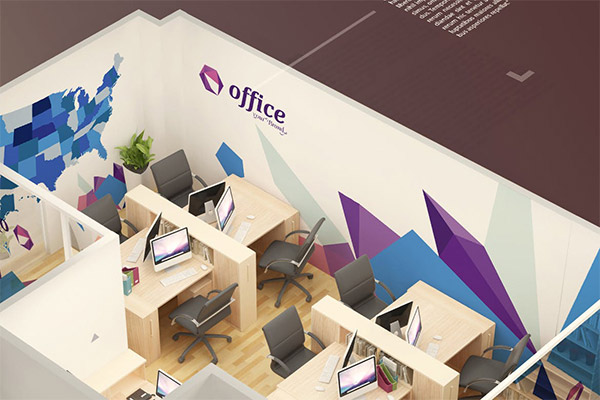 小型办公室办公场景3D立体效果图VI样机展示模型mockups