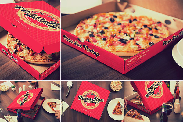 带有桌面场面的高品质高端时尚披萨比萨pizza包装设计VI样机展示模型mockups