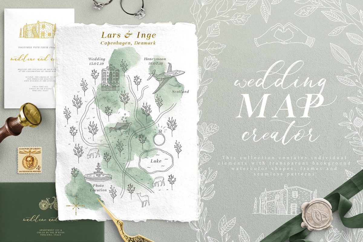 文艺风格婚礼邀请函地图设计素材包 Wedding Map Creator Collection