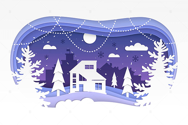 矢量 | 冬天剪纸剪贴小镇房子雪花可爱完美的圣诞贺卡