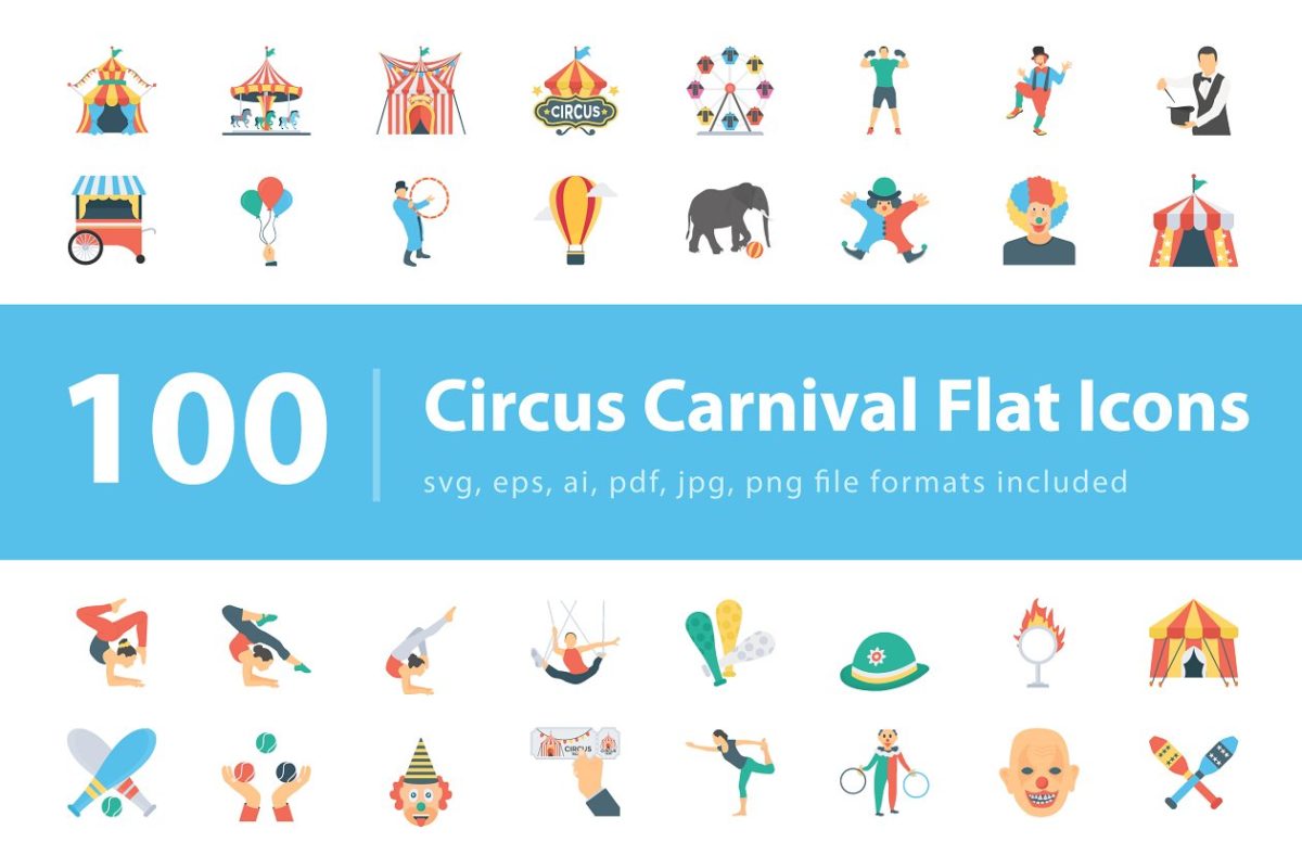 马戏团嘉年华图标素材 100 Circus Carnival Flat Icons