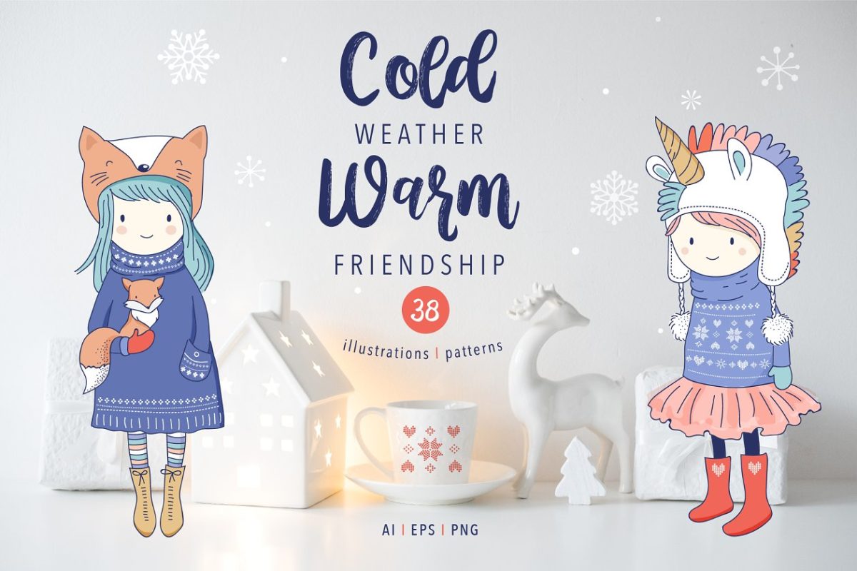 冬季卡通插画 Cold weather, Warm friendship