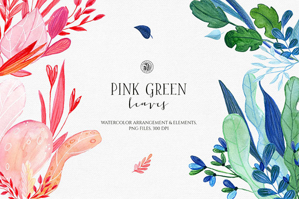 时尚优雅的清新手绘水粉水墨油画质感的粉红色绿叶树叶植物元素集合