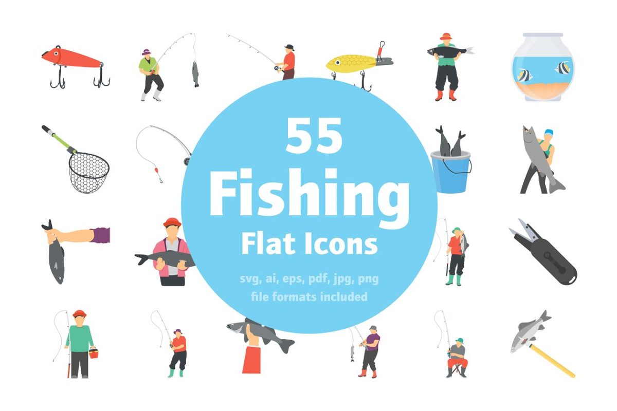 钓鱼矢量图标插画 55 Fishing Flat Vector Icons