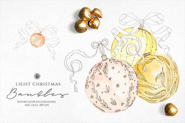 时尚清新的手绘水墨水彩水粉风格的圣诞节小元素集合