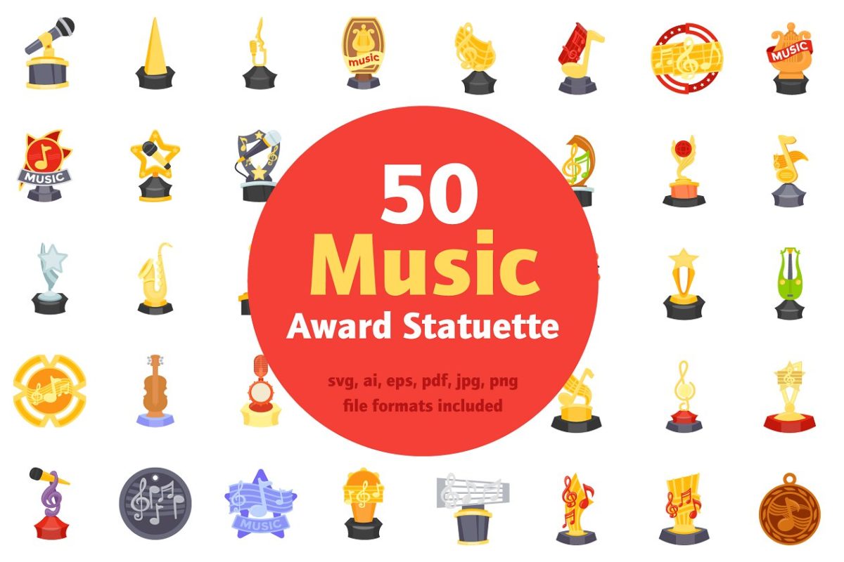 50个音乐奖小雕像图标设计 50 Music Award Statuette Vectors