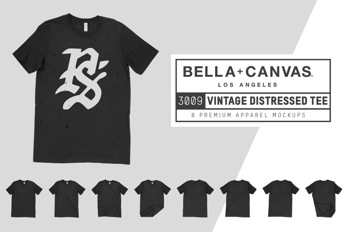 旧T恤样机模板 Bella Canvas 3009 Distressed T-Shirt