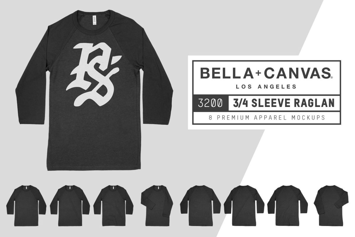T恤样机模板 Bella Canvas 3200 3/4 Baseball Tee
