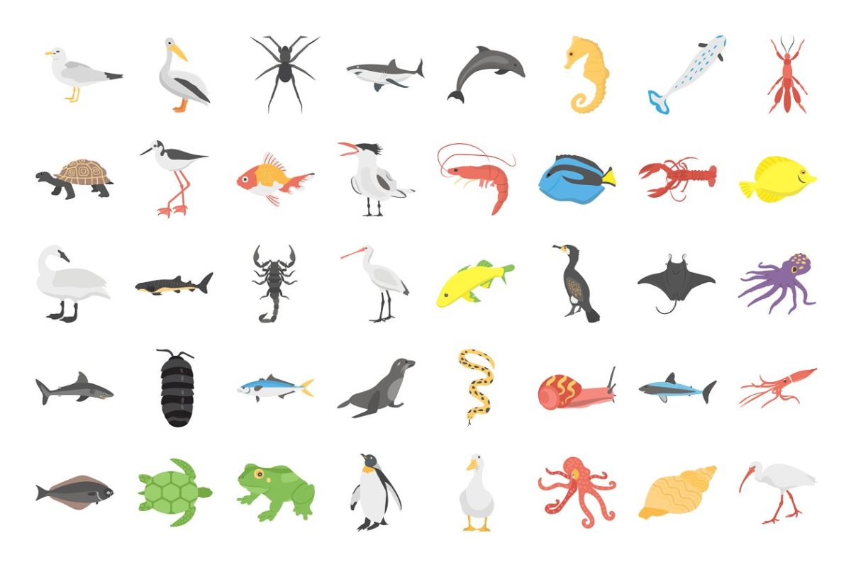 40个海底生物动物平面图标 40 Underwater Life Animals Flat Icon