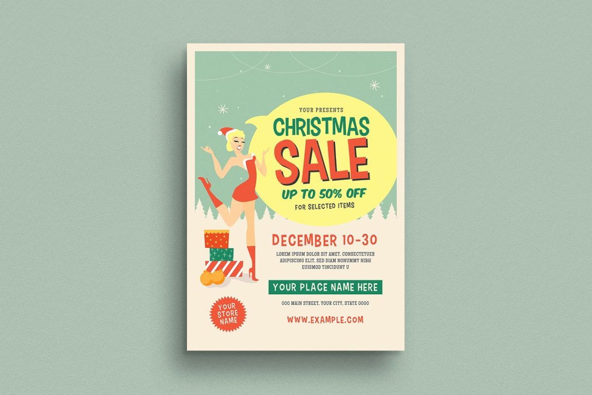 经典圣诞节创意海报模板 Retro Christmas Sale Event Flyer