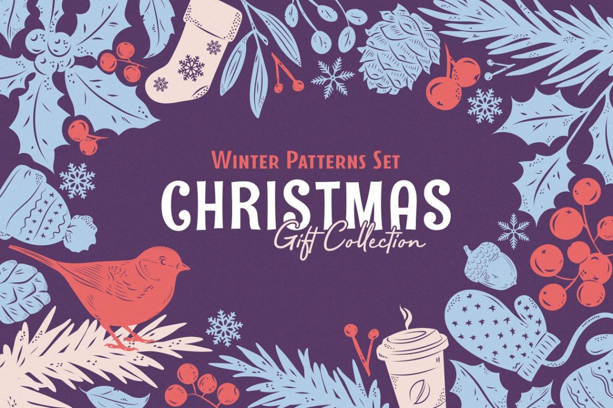 圣诞节礼物背景纹理 Christmas Gift: Vector Patterns Set