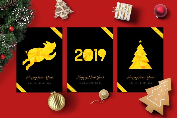 金色2019猪年圣诞新年海报模版下载[Ai]