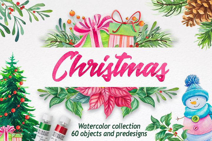 矢量 | 圣诞节手绘水彩60个元素素材松枝礼物盒松子圣诞树雪人植物