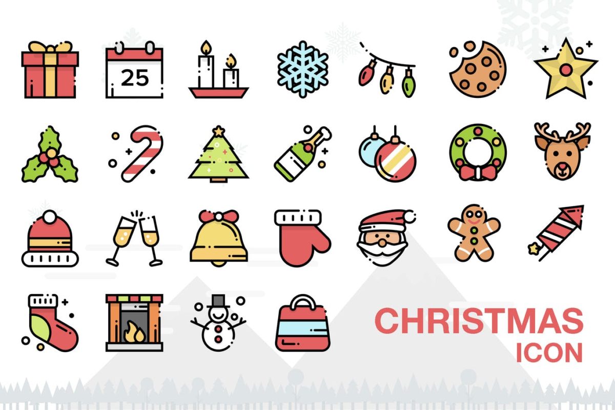 图标 | 圣诞节图标25个不同类别元素雪蜡烛灯糖果树香槟帽子袜子壁炉