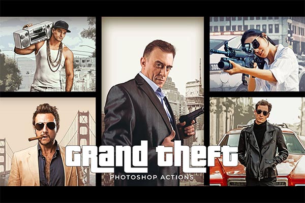 侠盗猎车手GTA电脑游戏风格的手绘水彩风格photoshop动作