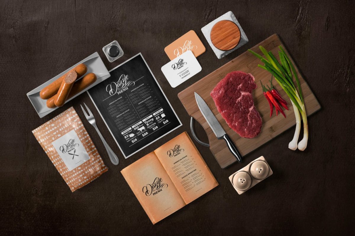 样机 | 4个PSD高品质餐厅菜单模拟模型场景刀具香肠蔬菜肉