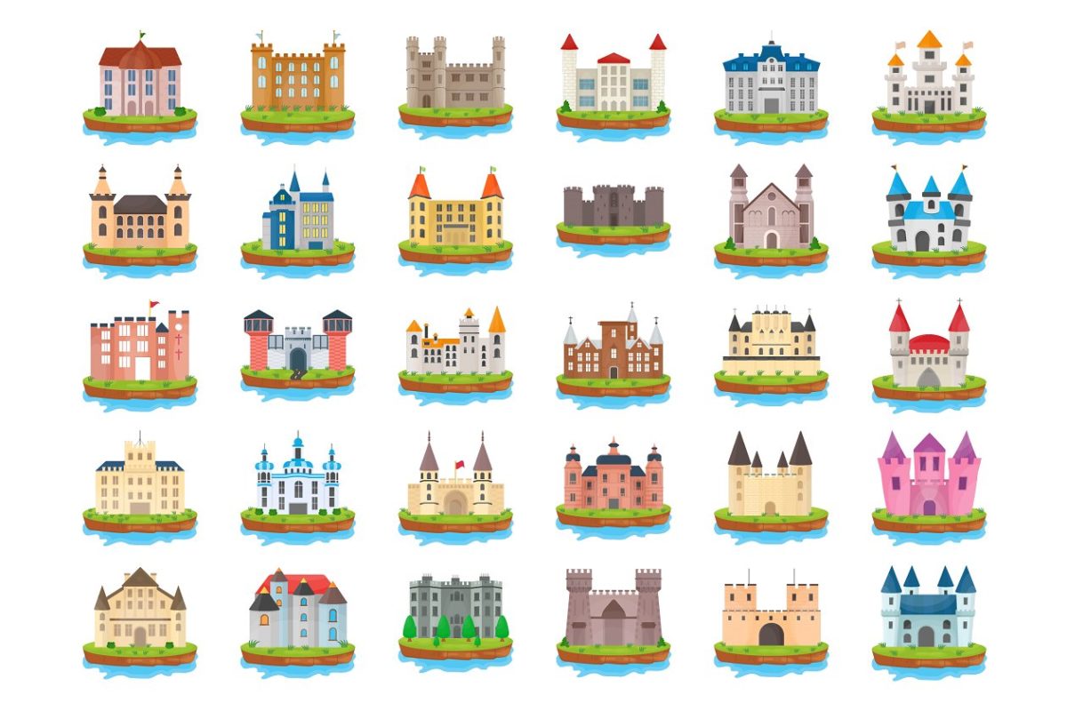 50个城堡岛平面矢量图标素材 50 Castle Island Flat Vector Icons