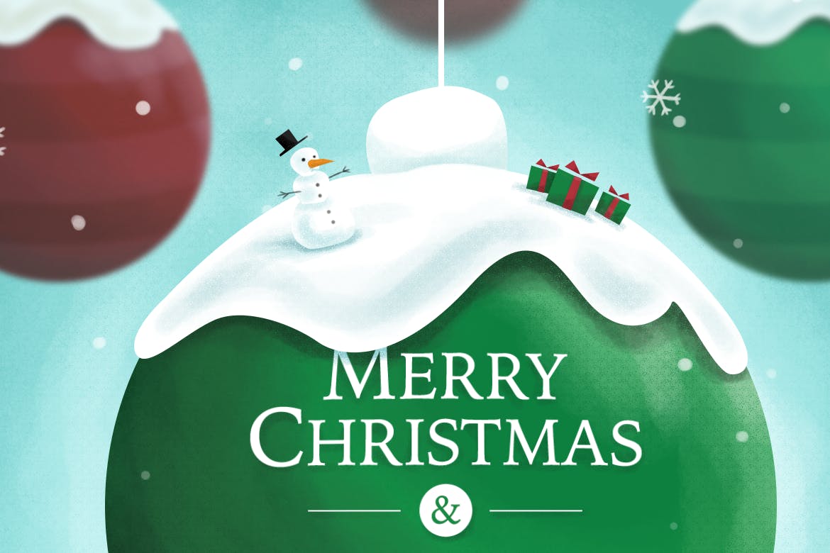 插画 | 圣诞节绿色圣诞球雪人景观高分辨率插图