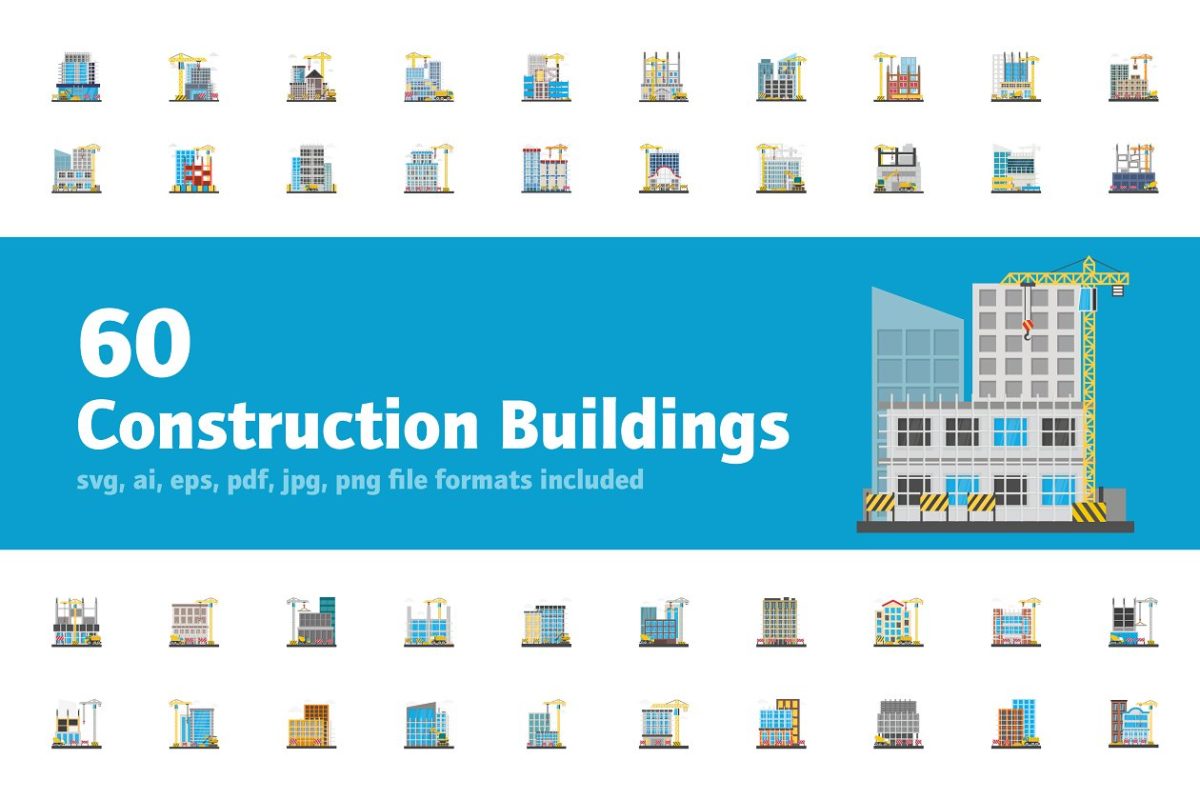 60个平面建筑图标素材 60 Flat Construction Building Icons