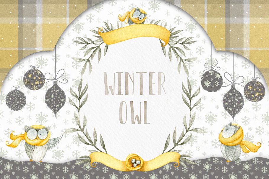 背景纹理 | 圣诞节冬季猫头鹰树叶雪花围巾饰品桂冠花圈无缝模式图形