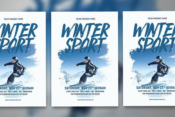 中国风水墨书法风格的冬季冬天立冬运动健康滑雪海报宣传单DM设计模板