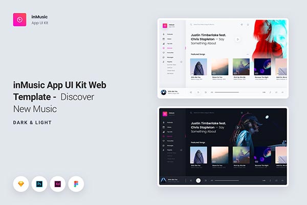 时尚高端音乐Music App UI Kits Web设计模板（Sketch，Photoshop，Adobe Xd，Figma）