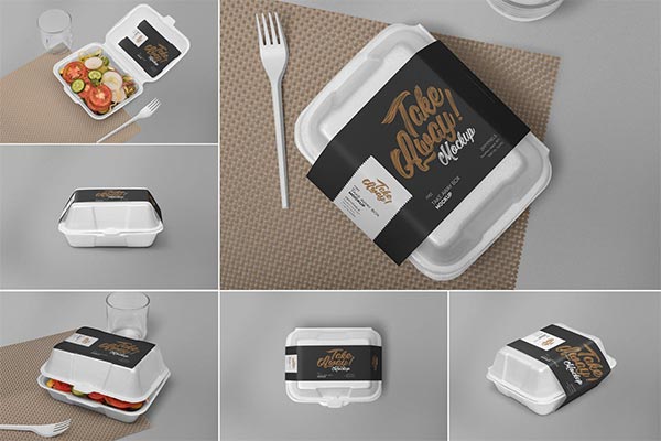逼真的高品质时尚高端外卖一次性饭盒食品包装设计VI样机展示模型mockups