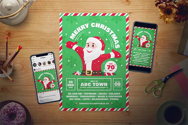 时尚简约扁平化风格的圣诞节圣诞老人新年促销打折SALE销售传单海报DM设计模板