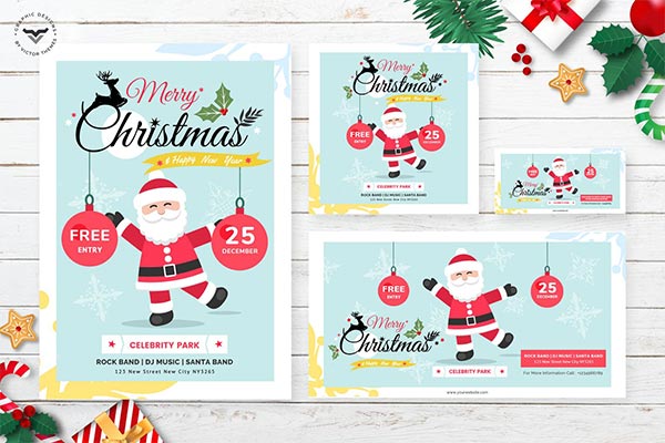时尚简约扁平化圣诞老人新年圣诞节海报宣传单DM和社交媒体banner设计模板