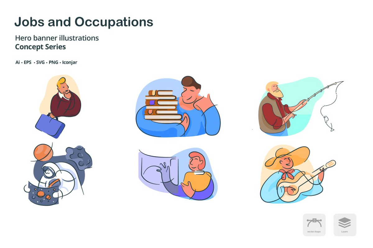 职业涂鸦线条图标素材 Occupations Doodle Line Icons