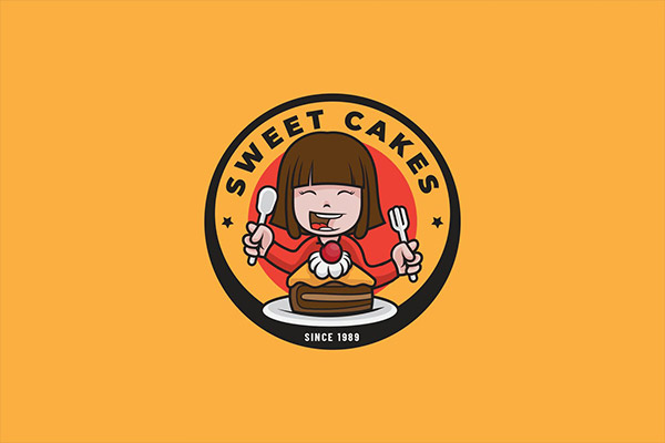时尚简约可爱的甜蜜女孩吃蛋糕logo标志设计矢量模板