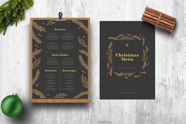 高端优雅大气时尚的黑金质感的圣诞节新年DM宣传单菜单菜谱海报设计模板