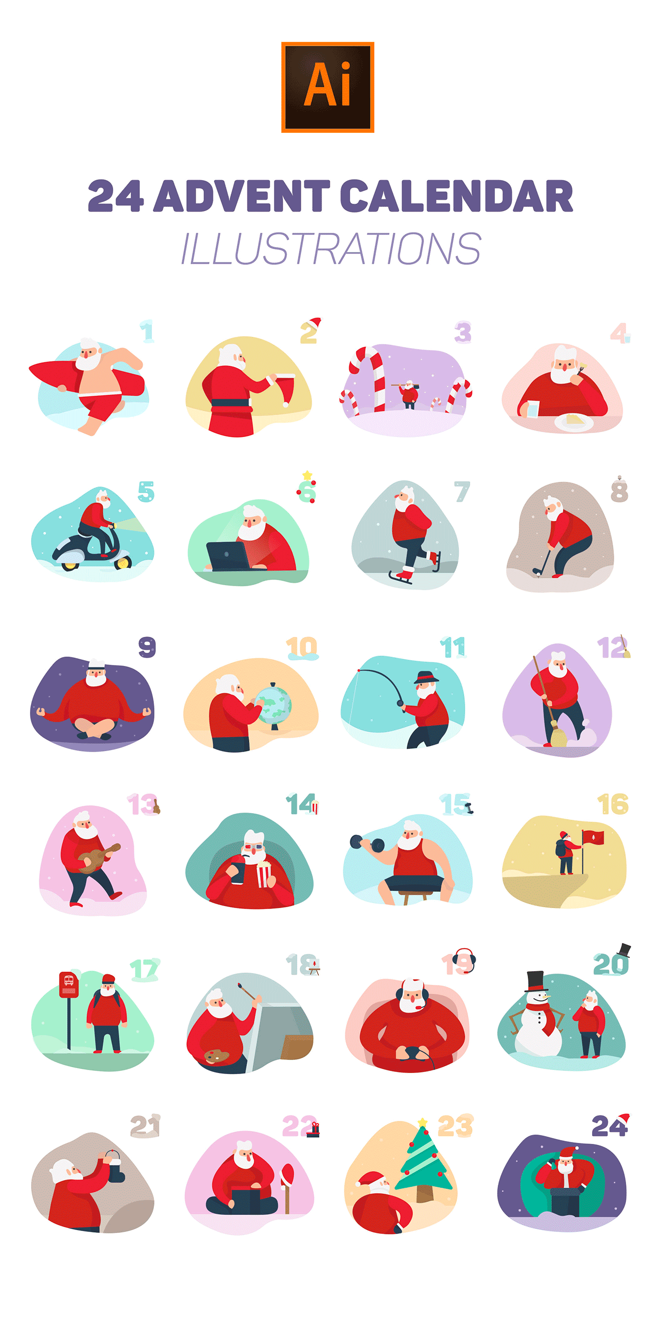 24个圣诞节圣诞老人日历插图模板 [Ai]